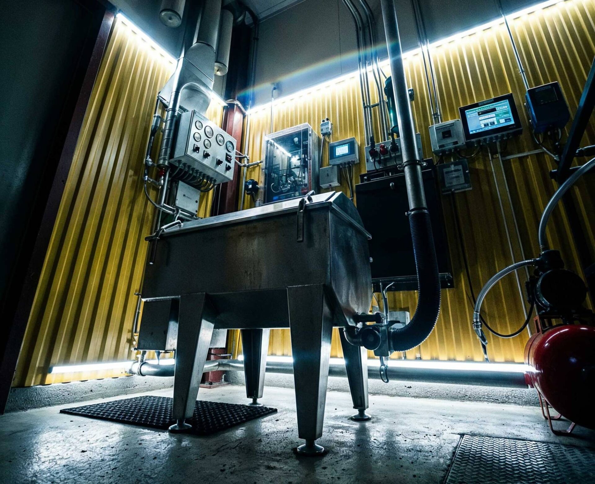 Rostfri processutrustning i Siljan Allards verkstad med gula korrugerade väggar och LED-belysning